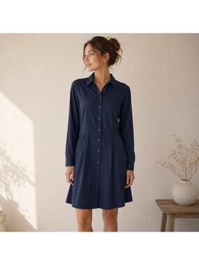Untuckit Navy Long Sleeve button Front Shirt Dress 16
